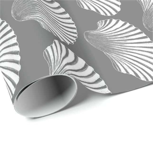 Scallop Shell Block Print, Grey / Grey and White Wrapping Paper (Roll Corner)