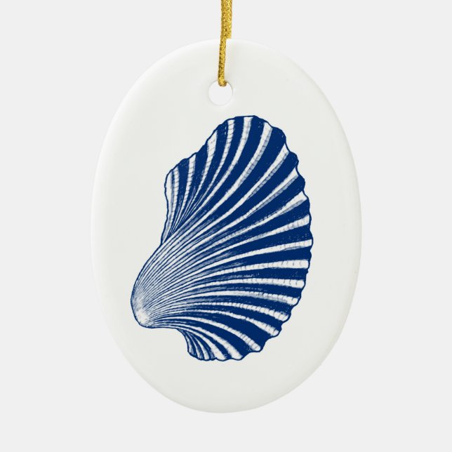 Scallop Shell Block Print, Indigo and White  Ceramic Tree Decoration (Front)