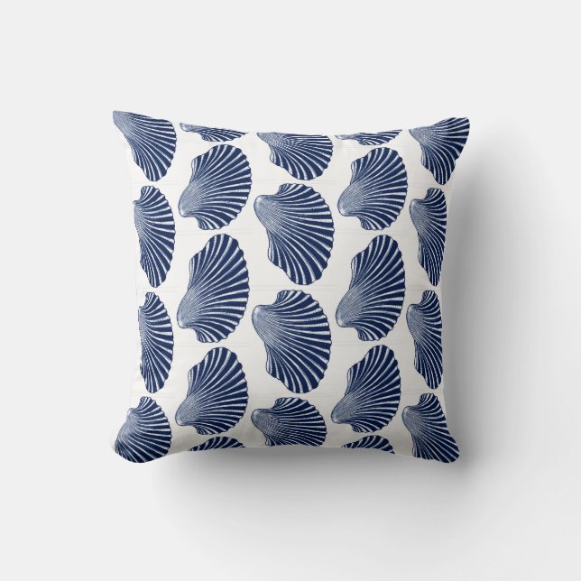Scallop Shell Block Print, Indigo and White Cushion (Front)