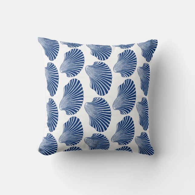 Scallop Shell Block Print, Indigo and White  Cushion (Front)