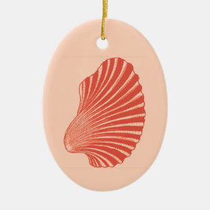 Scallop Shell Block Print, Light Coral Orange  Ceramic Tree Decoration