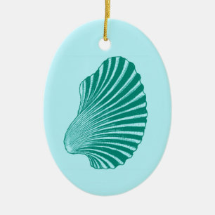 Scallop Shell Block Print, Turquoise and Aqua   Ceramic Tree Decoration