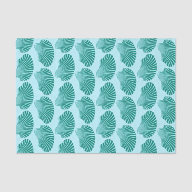 Scallop Shell Block Print, Turquoise and Aqua   Tissue Paper (Front)