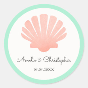 Scallop Shell Coral & Mint   Personalised Wedding Classic Round Sticker