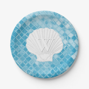 Scallop Shell Monogram Blue Sea Glass Paper Plate