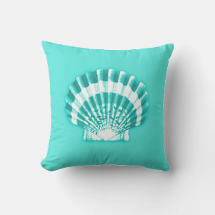 Scallop Shell - Turquoise and White on Aqua Cushion