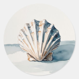 Scallop Shell Watercolor Art – Coastal Blue  Classic Round Sticker