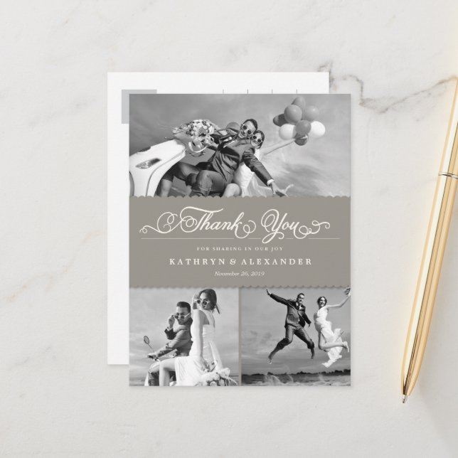 Scalloped Band And Script Photo Wedding Thank You Postcard (Front/Back In Situ)