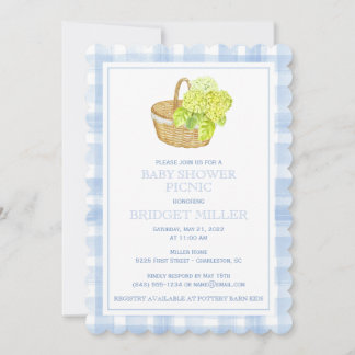 Scalloped Blue Gingham Hydrangea Flower Basket Invitation