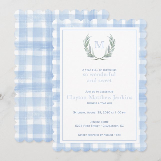 Scalloped Blue Gingham Laurel Crest First Birthday Invitation (Front/Back)