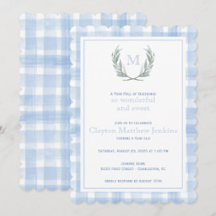 Scalloped Blue Gingham Laurel Crest First Birthday Invitation