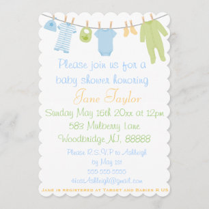 Scalloped Blue & Green Little Clothes Baby Shower Invitation