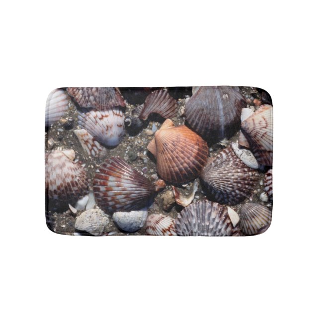 Scalloped Colourful Seashells On A Black Sand Bath Mat (Front)