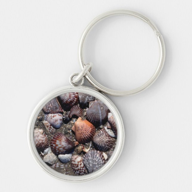 Scalloped Colourful Seashells On A Black Sand Key Ring (Front)