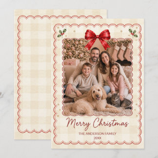 Scalloped Cream Gingham Red Bow Family Photo Holiday Card