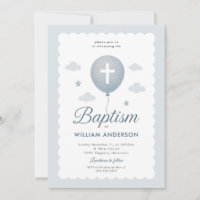 Scalloped Edge Blue Floral Cross Baptism Invitatio