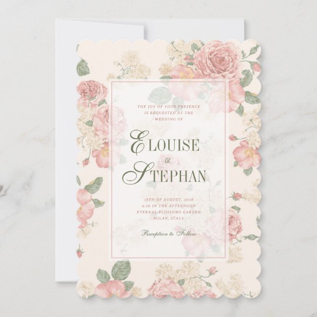 Scalloped Edge Pink & Green Vintage Roses Wedding Invitation (Front)