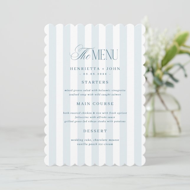 Scalloped Edge Timeless Blue Stripes Menu Card (Standing Front)