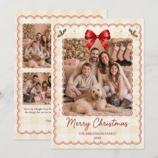 Scalloped Gingham 5 Photo Collage Red Bow Family Holiday Card