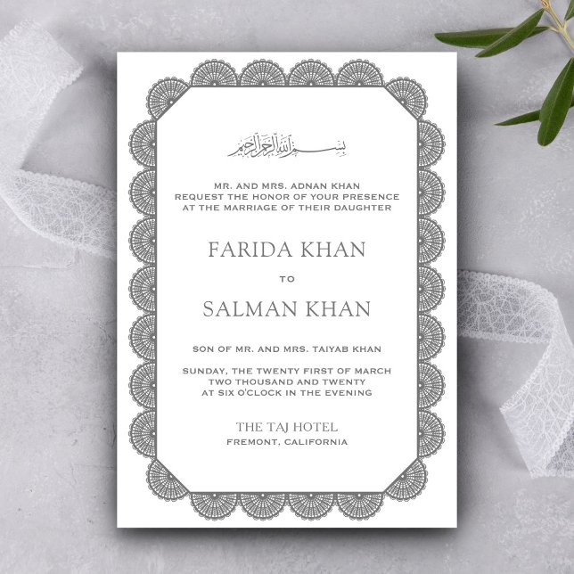 Scalloped Lace Border Grey White Islamic Wedding Invitation (Creator Uploaded)