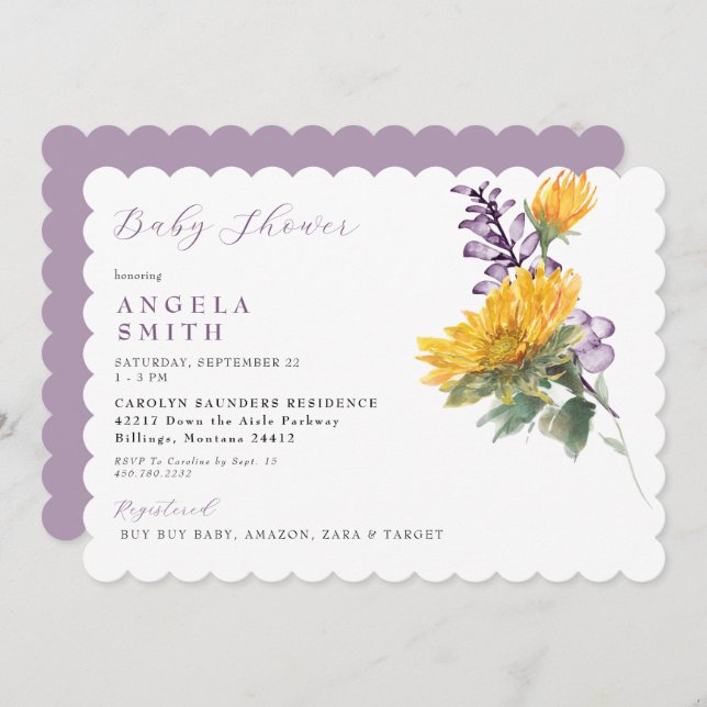 Scalloped Lavender Sunflower Floral Baby Shower  Invitation (Front/Back)