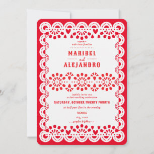 Scalloped Mexico Papel Picado Floral Red Wedding Invitation
