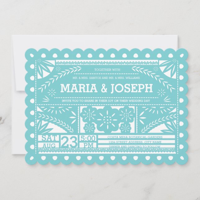 Scalloped Papel Picado Wedding Blue Invitation (Front)