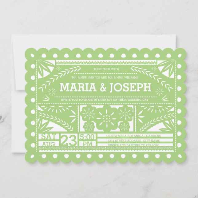Scalloped Papel Picado Wedding Invite - Green (Front)