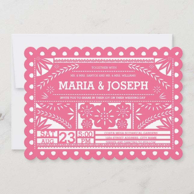 Scalloped Papel Picado Wedding Invite - Pink (Front)