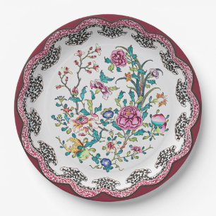 Scalloped Pink Chinoiserie Blossoms Faux China Paper Plate