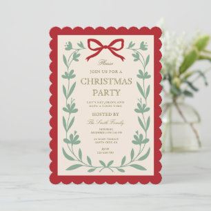 Scalloped Red Bow Botanical Christmas Party Invitation