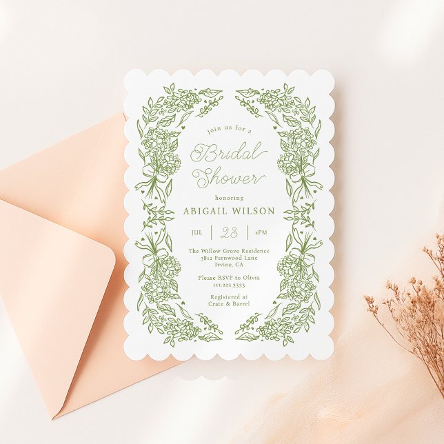 Scalloped Sage Green Hydrangea Bridal Shower Invitation (Creator Uploaded)