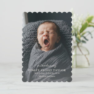 Scalloped Script Baby Photo Newborn Birth Stats Announcement