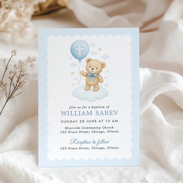 Scalloped Teddy Bear Boy Baptism Invitation (Adorable baptism invite for boy with teddy and stars—soft neutral setting for sweet celebration)