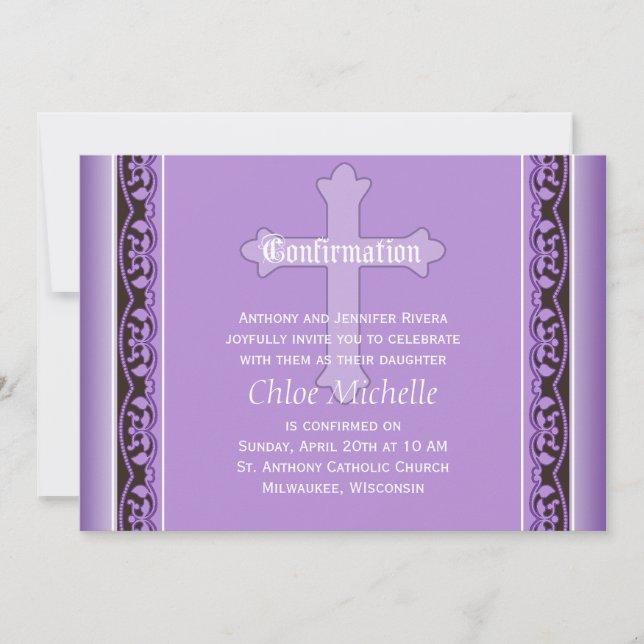 Scalloped Vines with Cross Purple Confirmation Invitation (Front)