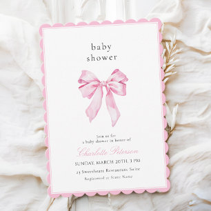 Scallopped Pink Bow Baby Shower Invitation