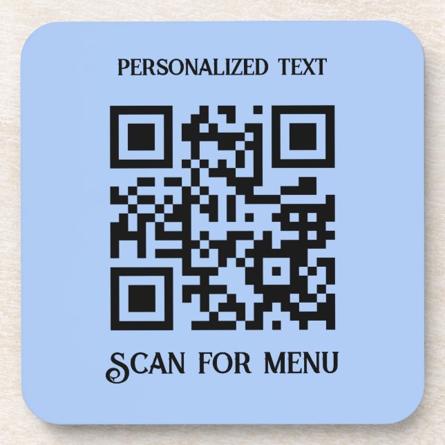 Scan for Menu QRcode with personalisation LBlue BG Coaster (Front)