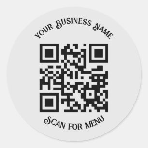 Scan for Menu QRcode with personalisation LGrey BG Classic Round Sticker