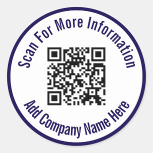Scan For More Information QR Code Dark Blue White Classic Round Sticker