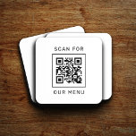 Scan For Our Menu Custom QR Code and Logo Coaster<br><div class="desc">Modern and minimal black and white square plastic cork-backed beverage coaster with design created for a restaurant or bar features your custom QR code that will guide customers to "Scan for our Menu". The back of the card includes a company logo and custom text that can be personalised with the...</div>
