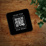 Scan For Our Menu Custom QR Code and Logo Coaster<br><div class="desc">Modern and minimal black and white square plastic cork-backed beverage coaster with design created for a restaurant or bar features your custom QR code that will guide customers to "Scan for our Menu". The back of the card includes a company logo and custom text that can be personalised with the...</div>