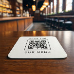 Scan For Our Menu Custom QR Code and Logo Square Paper Coaster<br><div class="desc">Modern and minimal black and white square paper coaster design created for a restaurant or bar features your custom QR code that will guide customers to "Scan for our Menu". The back of the card includes a company logo and custom text that can be personalised with the business name, website,...</div>
