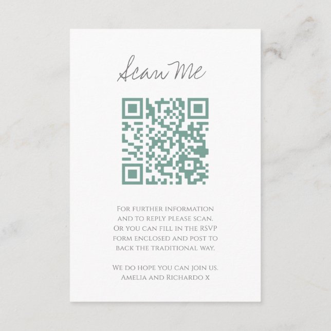 Scan me QR code wedding website monogram green Enclosure Card (Back)