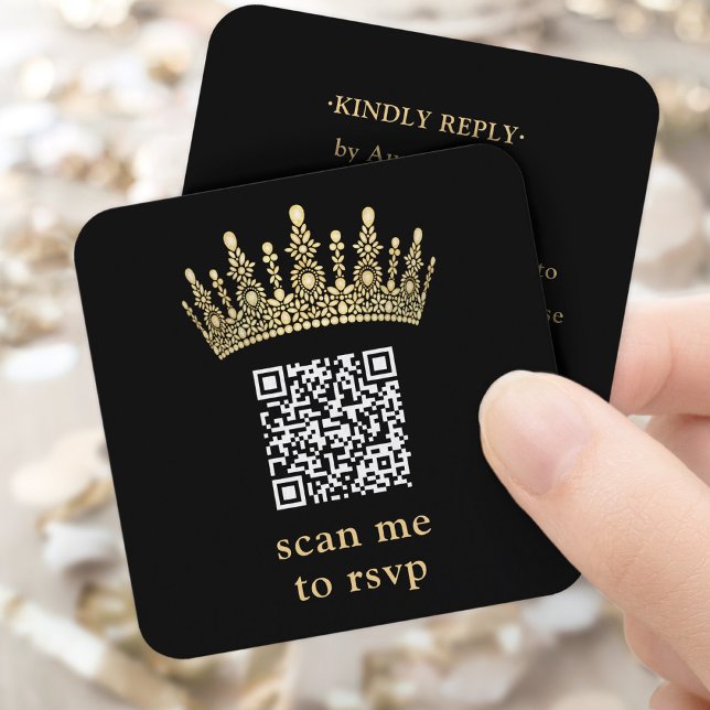 Scan Me QR RSVP Black and Gold Quinceañera Crown Enclosure Card (Creator Uploaded)