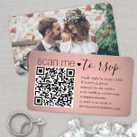 Scan Me QR RSVP Pink Rose Gold Photo Wedding  Enclosure Card<br><div class="desc">Share one of your engagement or wedding photos and simplify RSVP responses with chic modern QR Code enclosure cards. The picture and all text are simple to customise, including wording that reads "scan me to rsvp". To make your own QR code using the generator, simply type the website URL into...</div>