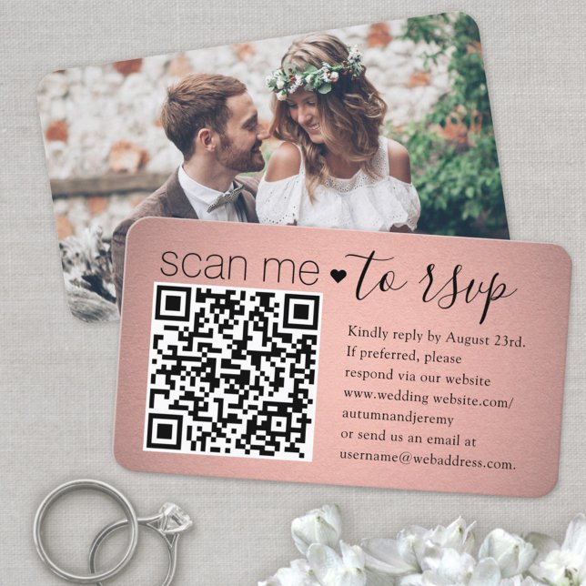 Scan Me QR RSVP Pink Rose Gold Photo Wedding  Enclosure Card (Creator Uploaded)