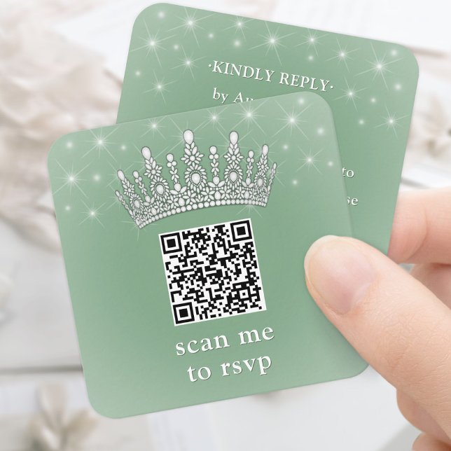 Scan Me QR RSVP Quinceañera Crown Sage Green Enclosure Card (Creator Uploaded)