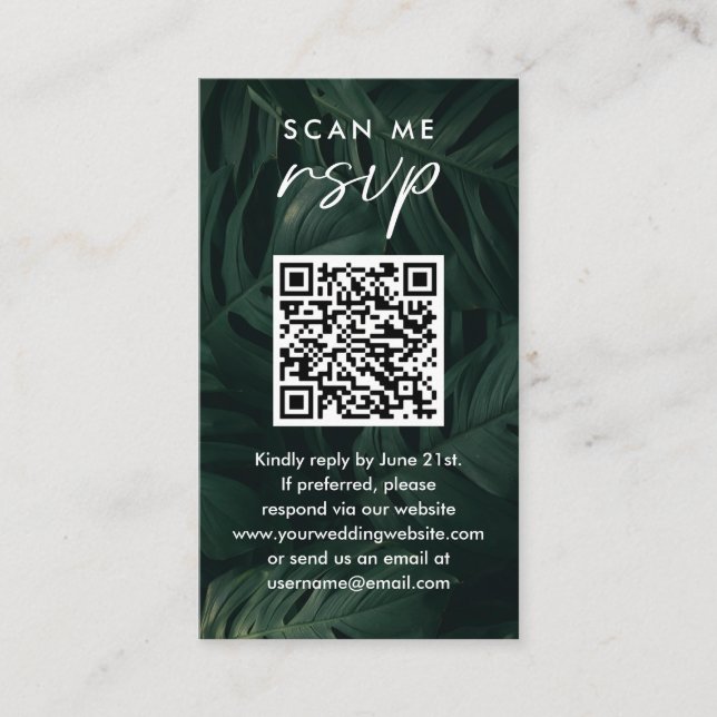 Scan Me RSVP Destination Tropical Wedding QR Code Enclosure Card (Front)