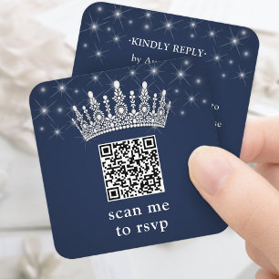 Scan Me RSVP QR Code Quinceañera Crown Navy Blue Enclosure Card
