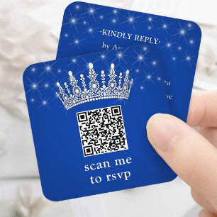 Scan Me RSVP QR Code Quinceañera Crown Royal Blue Enclosure Card